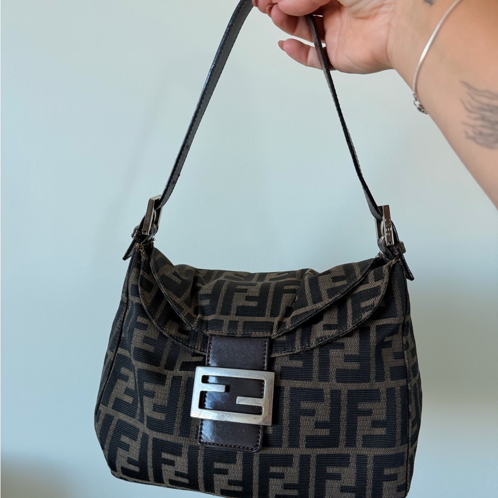 Fendi Black & Brown FF Logo Shoulder Bag with Front Buckle